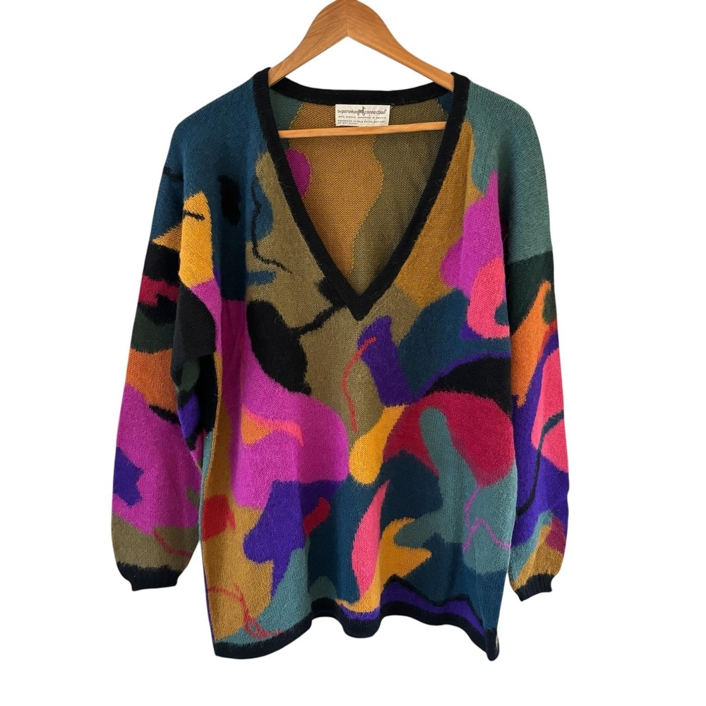 Vtg Peruvian Connection 100% Alpaca Sweater Womens L Abstract V Neck Art Boho